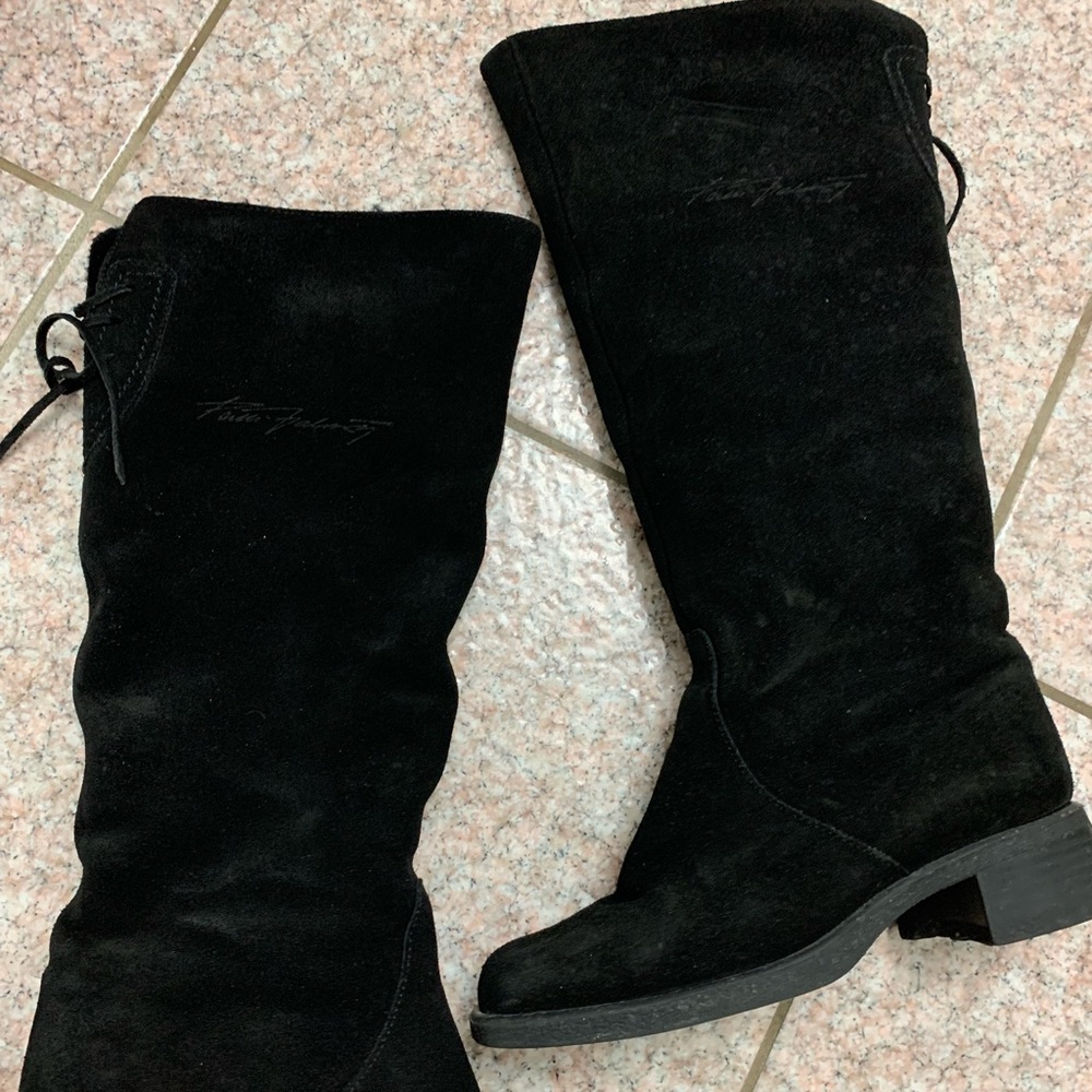 Black suede below the knee boots